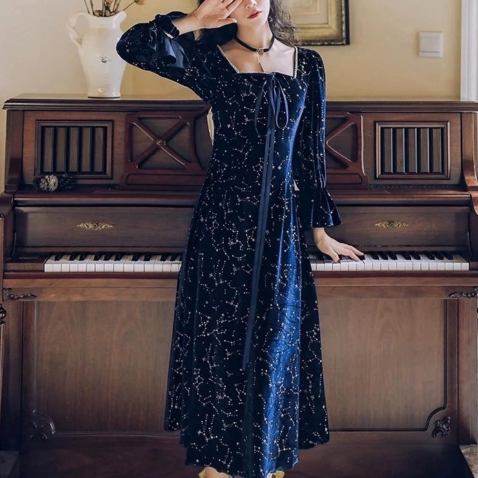 Cosmic Witch Blue Velvet Galaxy Star Dress