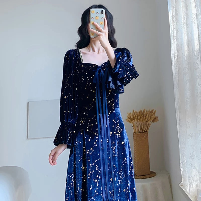 Cosmic Witch Blue Velvet Galaxy Star Dress