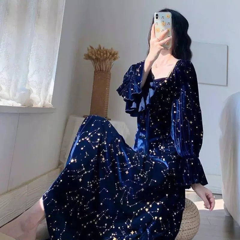 Cosmic Witch Blue Velvet Galaxy Star Dress