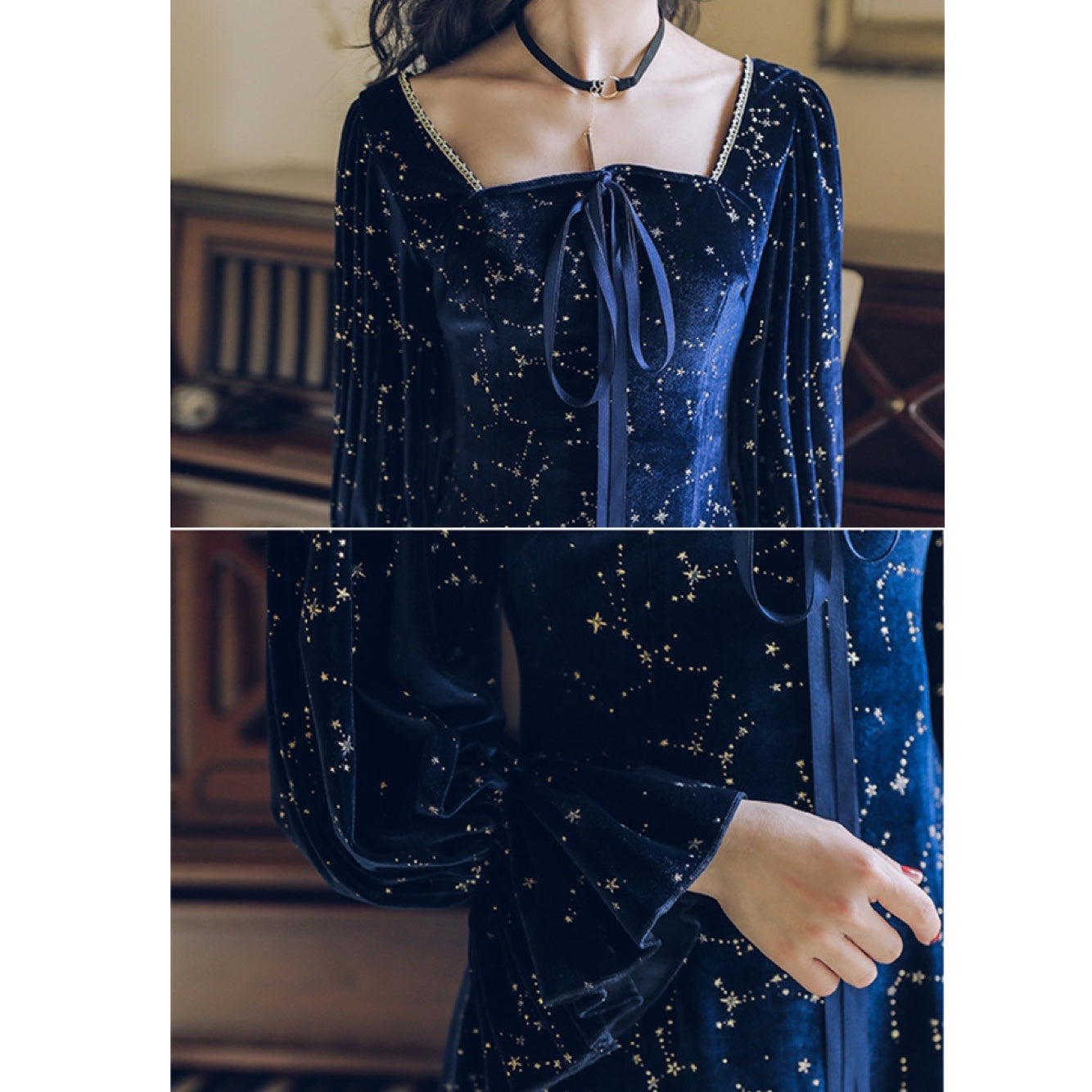 Cosmic Witch Blue Velvet Galaxy Star Dress