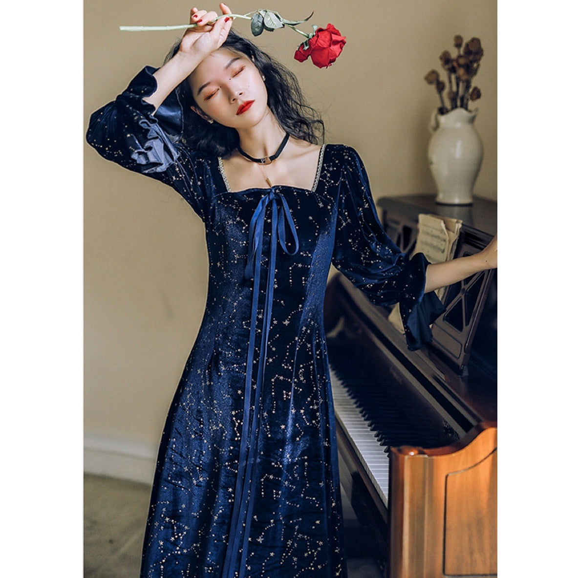 Cosmic Witch Blue Velvet Galaxy Star Dress