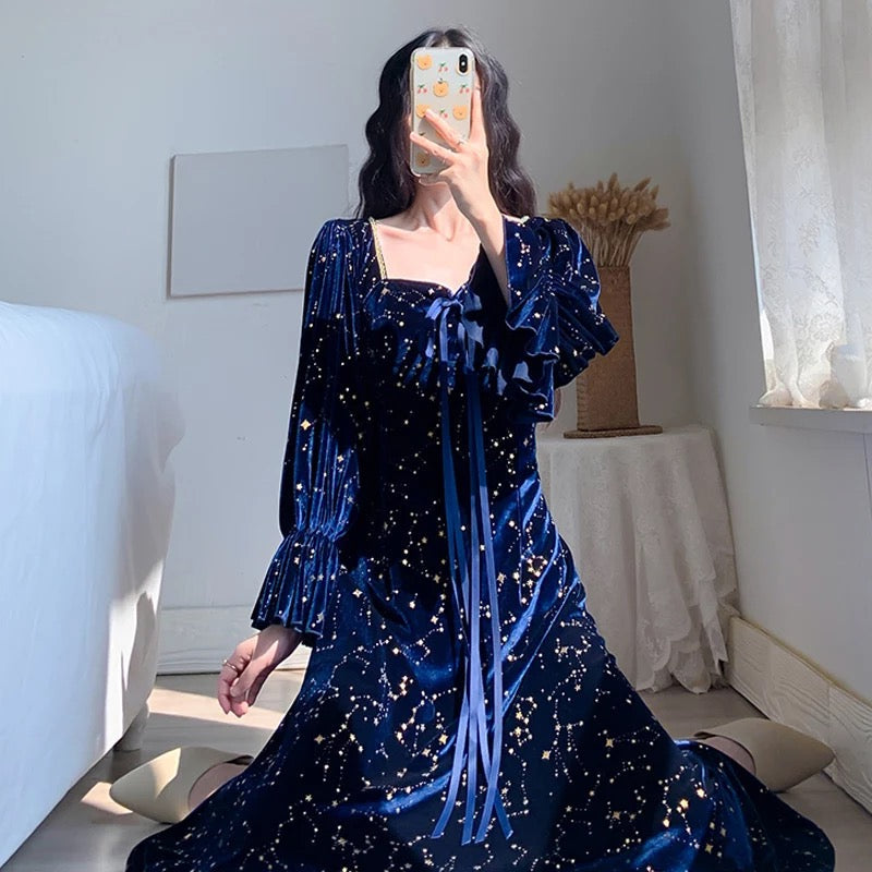 Cosmic Witch Blue Velvet Galaxy Star Dress