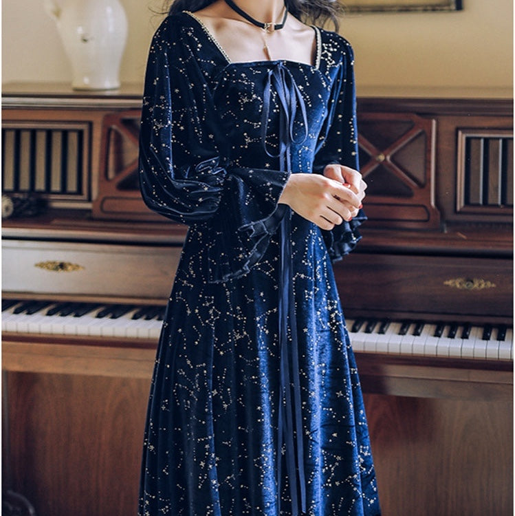 Cosmic Witch Blue Velvet Galaxy Star Dress