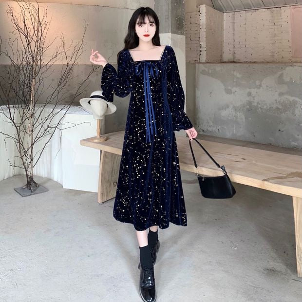 Cosmic Witch Blue Velvet Galaxy Star Dress