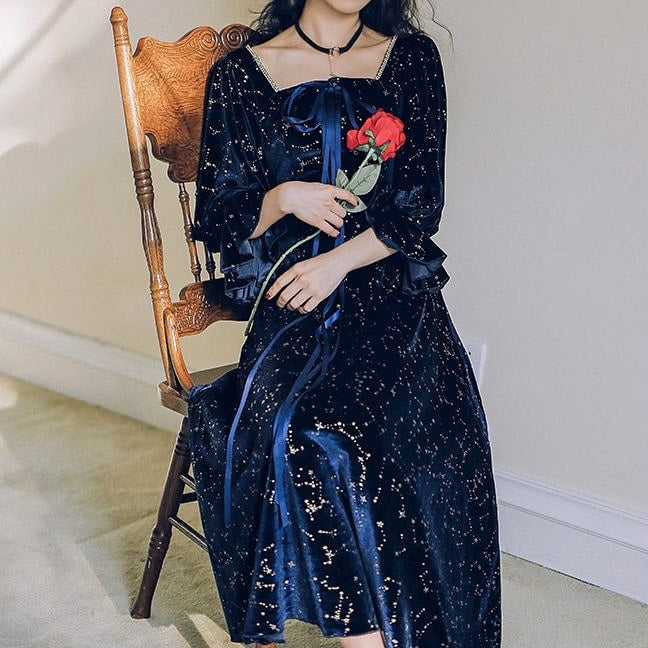 Cosmic Witch Blue Velvet Galaxy Star Dress