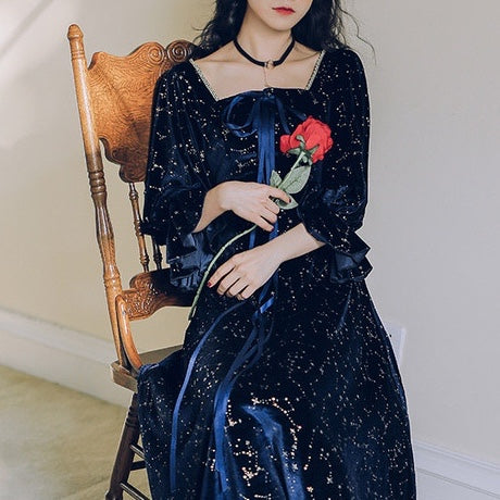 Cosmic Witch Blue Velvet Galaxy Star Dress