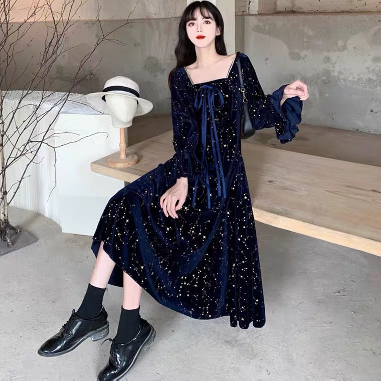 Cosmic Witch Blue Velvet Galaxy Star Dress