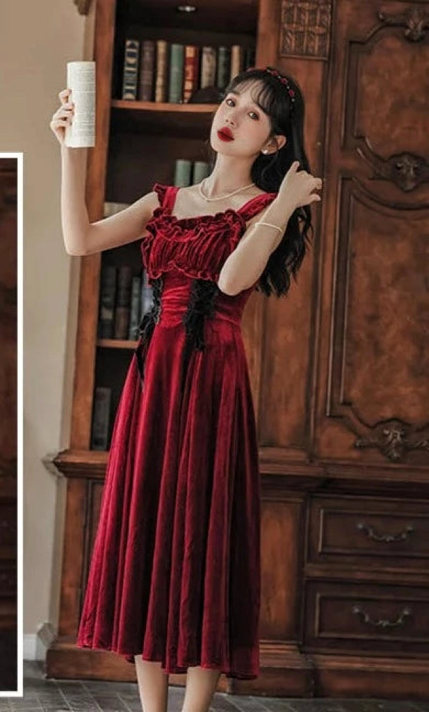 Ruby Victorian-Vintage-Academia Burgundy-Red Velvet Dress