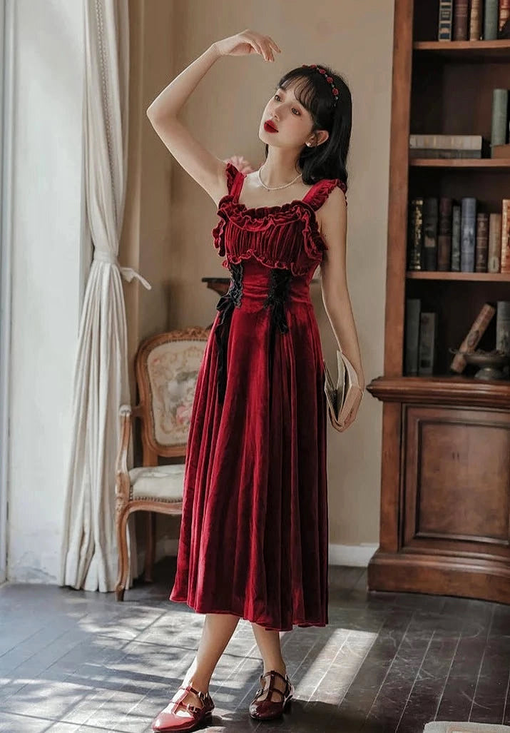 Ruby Victorian-Vintage-Academia Burgundy-Red Velvet Dress