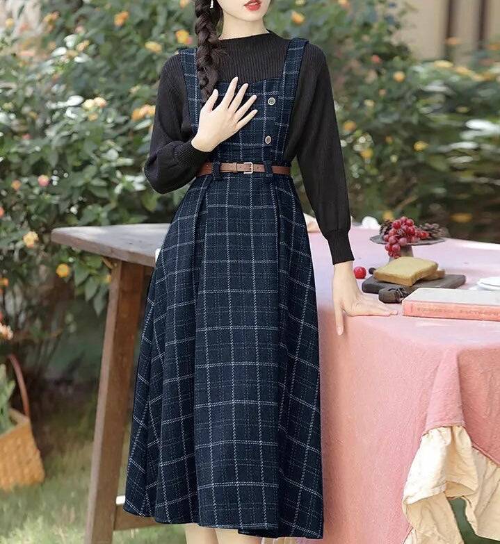 Forest Witch 2-Piece Dark Academia Wool Plaid Dress Set