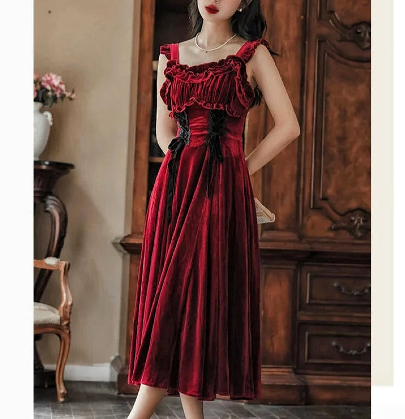 Ruby Victorian-Vintage-Academia Burgundy-Red Velvet Dress