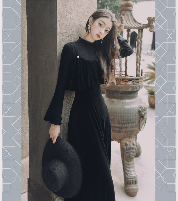 Dusk in The City 2-Piece Black Velvet Witchy Gothic Dress Set