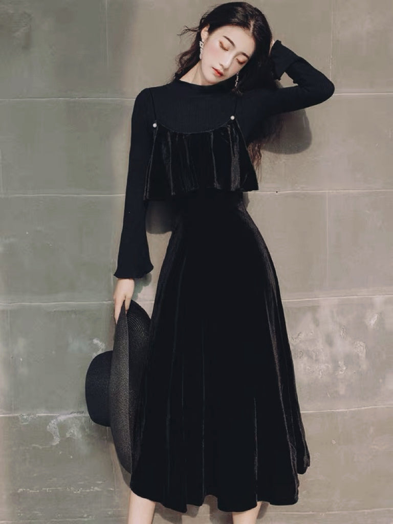 Dusk in The City 2-Piece Black Velvet Witchy Gothic Dress Set