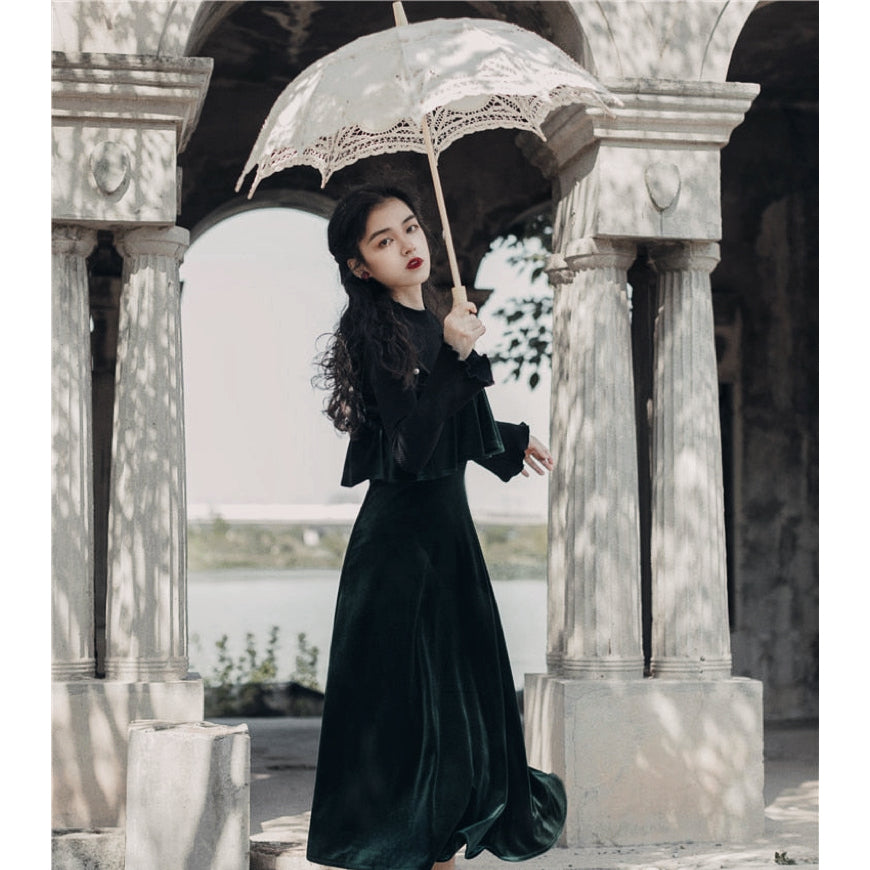 Dusk in The City 2-Piece Black Velvet Witchy Gothic Dress Set