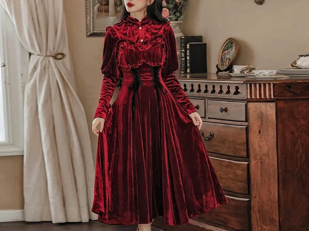 Ruby Victorian-Vintage-Academia Burgundy-Red Velvet Dress