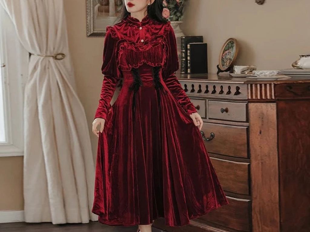 Ruby Victorian-Vintage-Academia Burgundy-Red Velvet Dress