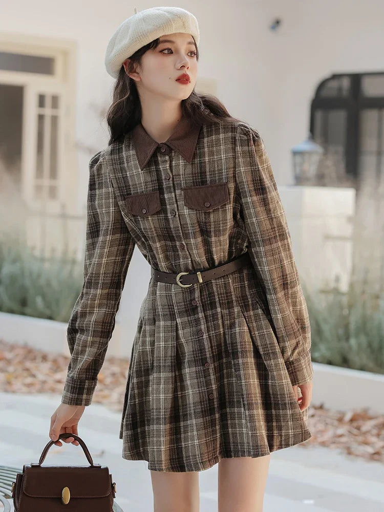 Foggy Skies Plaid Dark Academia Wool Dress