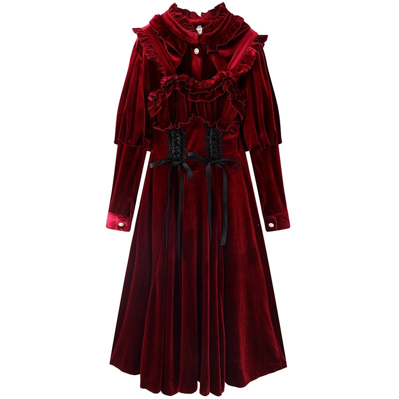 Ruby Victorian-Vintage-Academia Burgundy-Red Velvet Dress