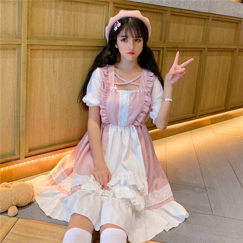 Eli Blossom Pink Frilly Short Sleeve Kawaii Princess Lolita Dress