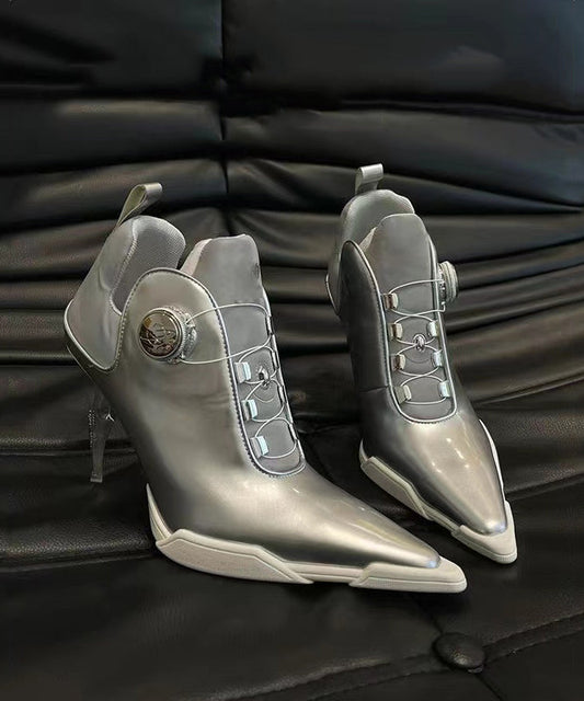 European And American Style Silver Splicing High Heel Boots Pointed Toe OI046