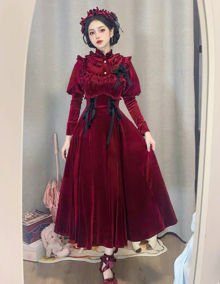 Ruby Victorian-Vintage-Academia Burgundy-Red Velvet Dress