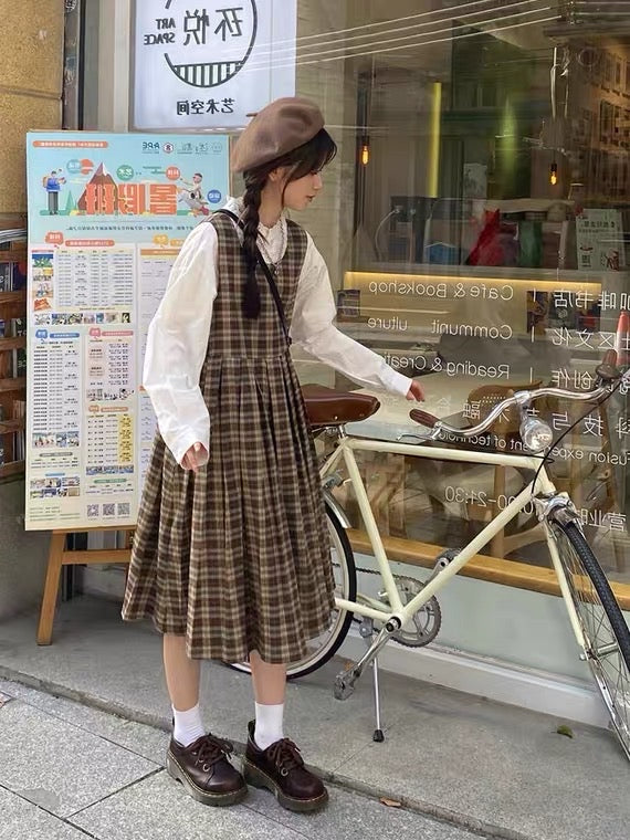 Cozy Treehouse Plaid Dark Academia Pinafore Dress