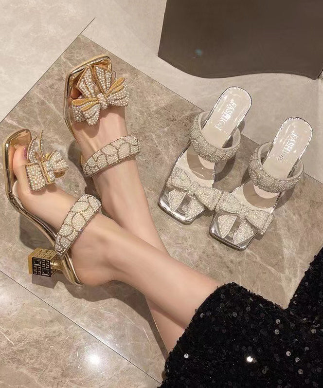 French Gold Bow Zircon Chunky Heel Slide Sandals Peep Toe OI038