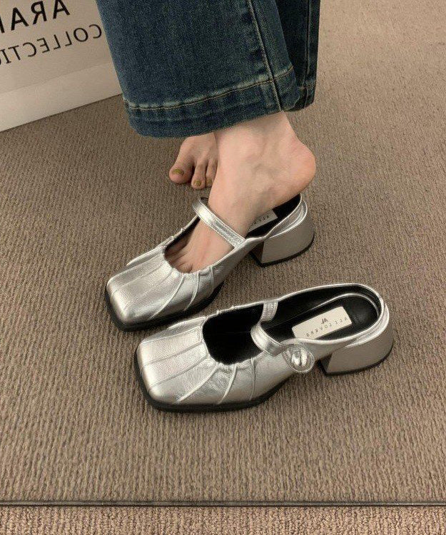 French Silver Pleats Chunky Faux Leather Slide Sandals OI076