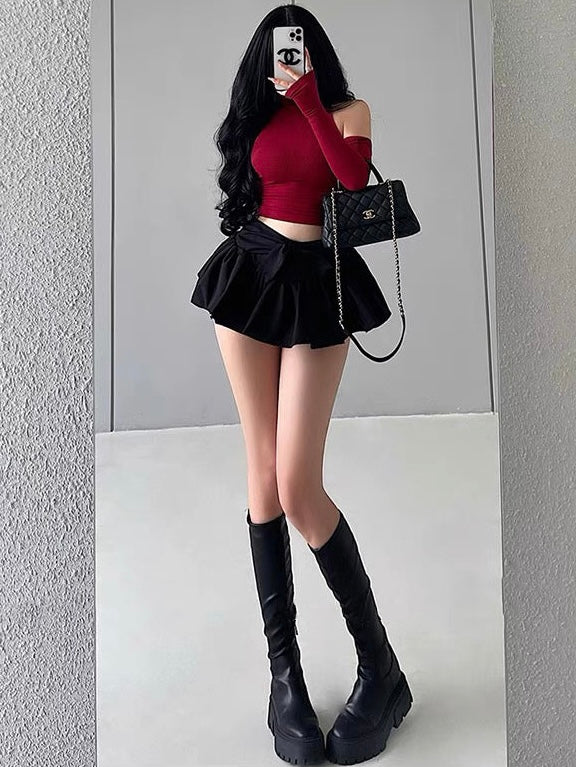 Lita Solid Color Pleated Light High Waist Bow Ribbon Decor Cute Mini Skirt