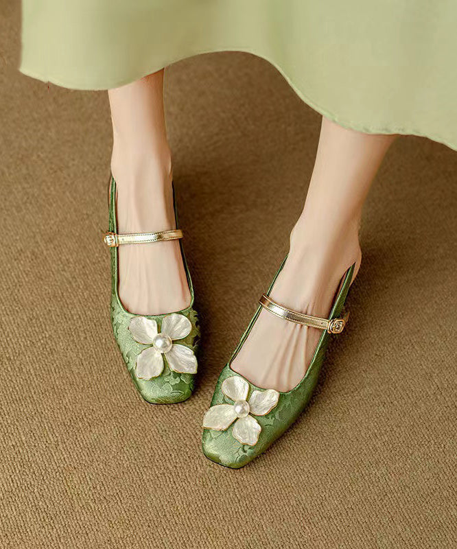 Green Chunky Chinese Style Floral Buckle Strap Splicing Sandals OI028