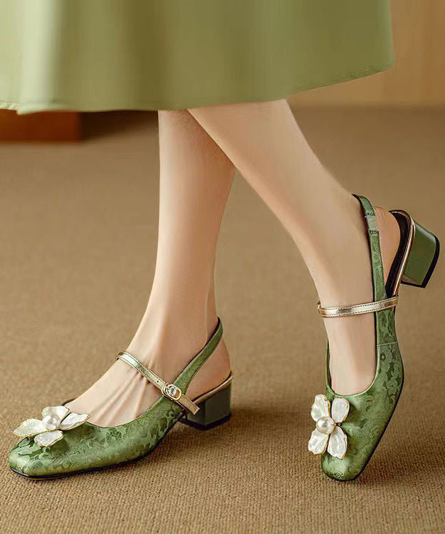 Green Chunky Chinese Style Floral Buckle Strap Splicing Sandals OI028