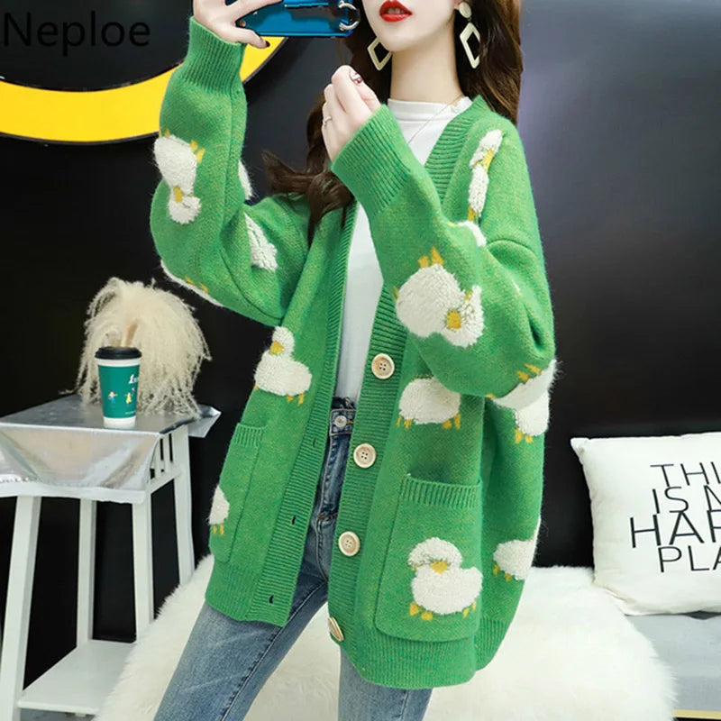 2023 Autumn Winter Fashion Korean Style Women Casual Sweater and Cardigans Long Sleeve V neck Button Up Loose Jacket Overcoat