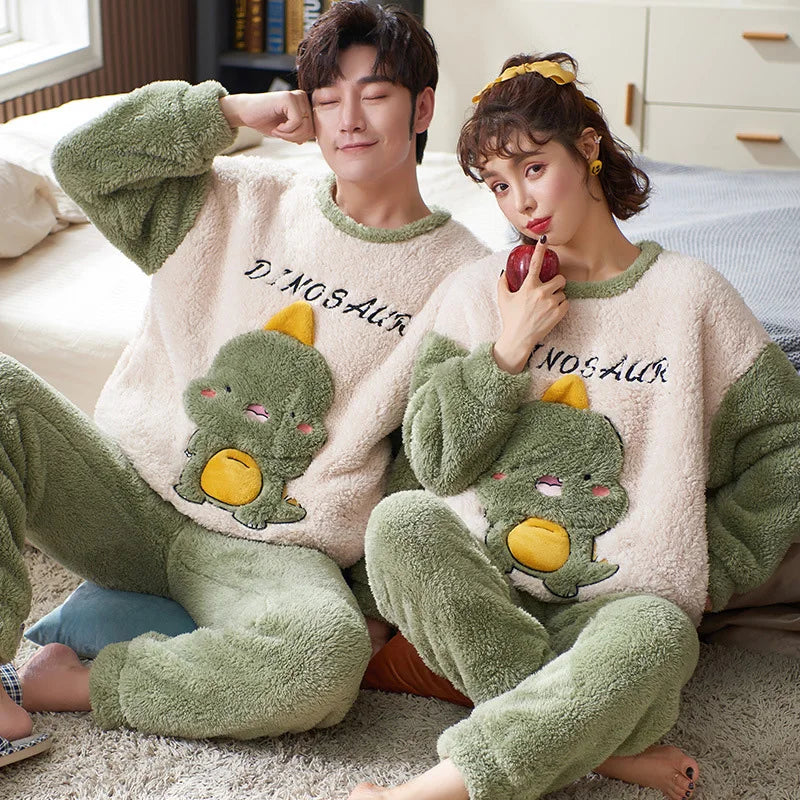 Couples Pajamas Sets Women Men Winter Thicken Pyjamas Sleepwear Cartoon Dinosaur Korean Lovers Homewear Soft Warm Pijama Hoodies