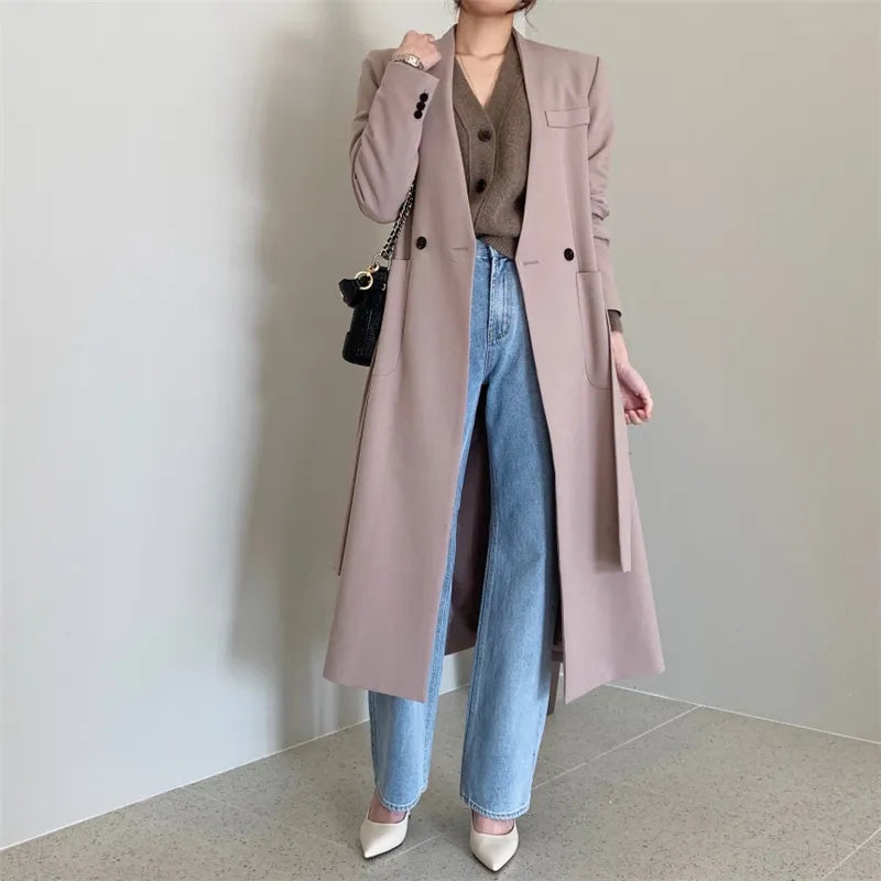 NEW new Fashion Casual Simple Classic Slim long suit coat Chic Business Jacket windbreaker suit collar office lady coat