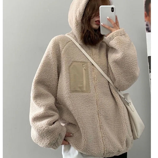 Lamb Plush Winter Clothes Women Vintage 2022 Thickened Sweatshirt Women Tops Loose and Lazy Hoodies Women Coat