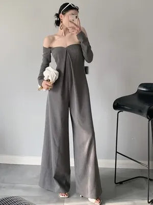 Picsgirl -  Sexy Jumpsuit Long Trousers for Women Dark Gray Off-shoulder Long Sleeve Elasticity Jumpsuit Wide Leg Elegant Lady Jumpsuit