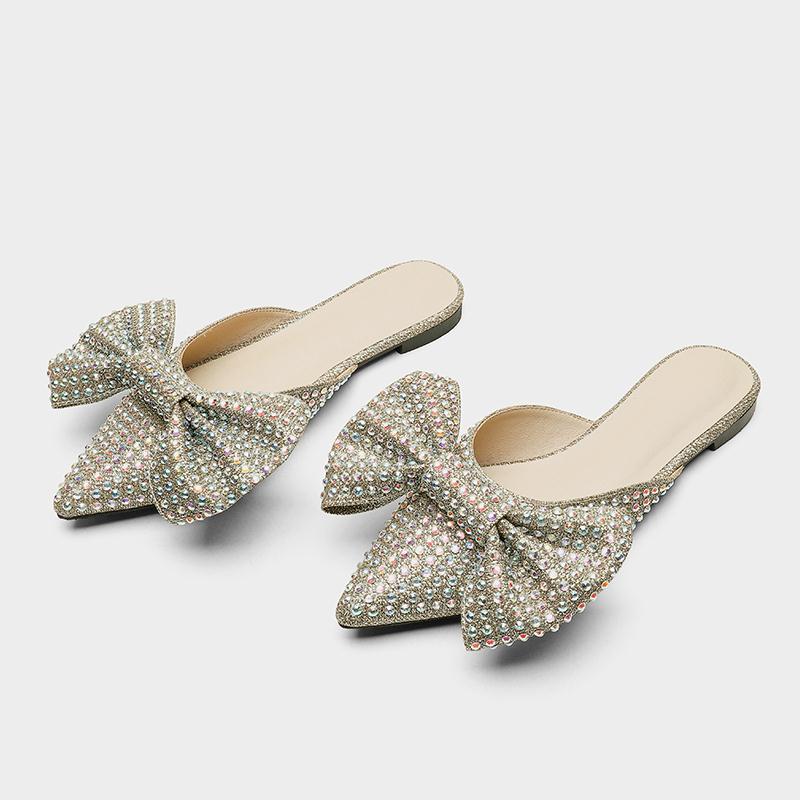 2020 New European Station Pointed Bow Sandals Crystal All-match Ultra-High Heel Thin Heeled Baotou Slippers Women's Shoes