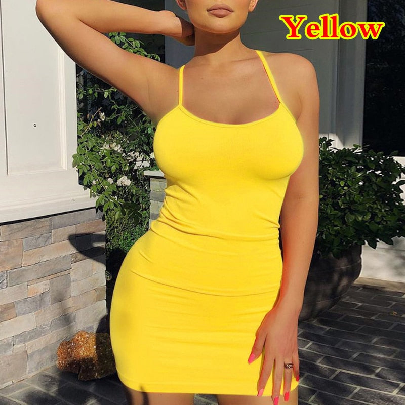 warmmeta Sexy Spaghetti Strap Camisole Mini Dress Women Bodycon Club Party Dresses Summer New Pure Color Sundress Plus Size XS-5XL