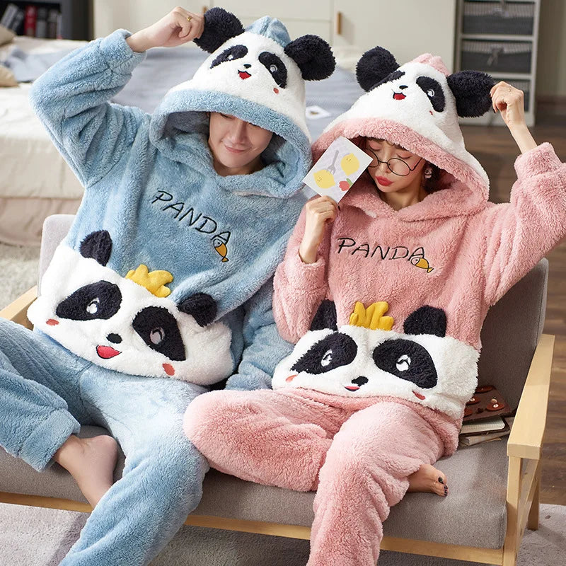 Couples Pajamas Sets Women Men Winter Thicken Pyjamas Sleepwear Cartoon Dinosaur Korean Lovers Homewear Soft Warm Pijama Hoodies