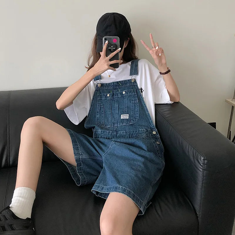 Summer korean preppy style Jumpsuit Denim Overalls Casual Girls blue Jeans Shorts womens