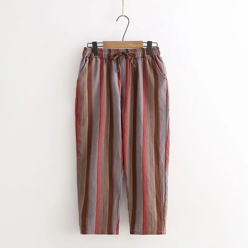 Women Pants Women's Linen Cropped Pants Loose Linen Fabric Summer Striped Casual Pants Pantalones De Mujer