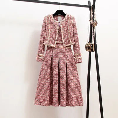 New 2023 Autumn High Quality Women 2 Piece Set Tweed Short Jacket Coat+Beading Vest Dress Elegant Fashion Party Dresses 2 Sets