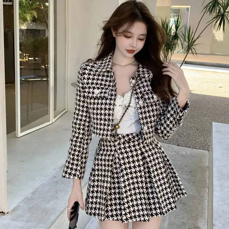 warmmeta -Small Fragrance Style Elegant Tweed 2 Piece Set Women Vintage Houndstooth Cropped Jacket + Pleated Mini Skirt Suits Sexy Outfits