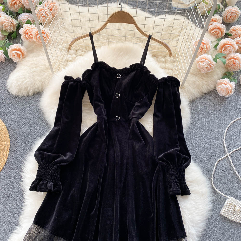 Fiery Romantic Goth Black Lace Velvet Dress