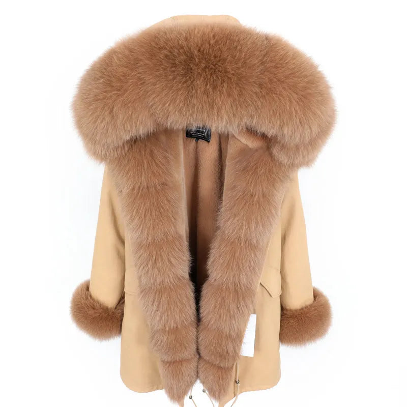 warmmeta Natural Real Fox Fur Jacket Hooded Black Waterproof Woman Winter Warm Coat Parkas Luxury Jacket Female Clothing