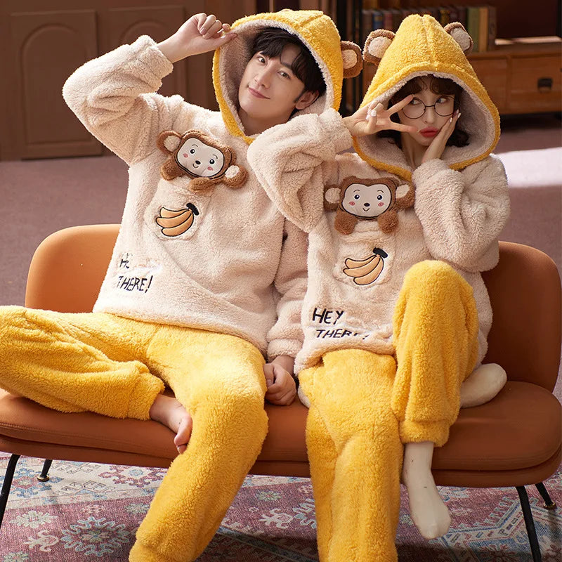 Couples Pajamas Sets Women Men Winter Thicken Pyjamas Sleepwear Cartoon Dinosaur Korean Lovers Homewear Soft Warm Pijama Hoodies