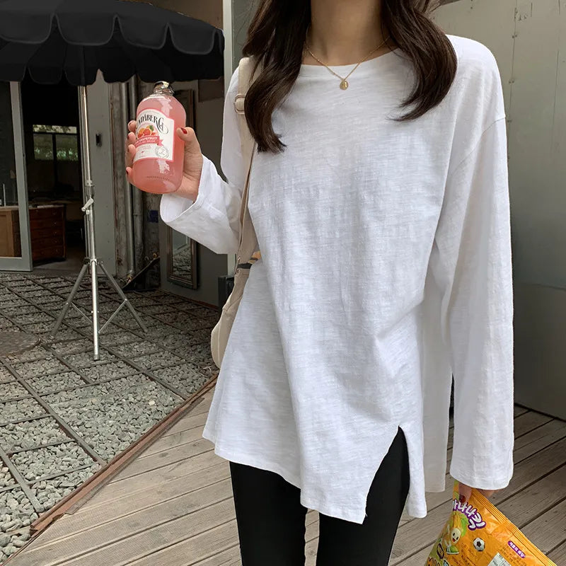 100% Cotton Women'S Long Sleeve Top Casual Black White Open Side Oversized T-Shirt Fashion Korean Tee Shirt Streetwear Top