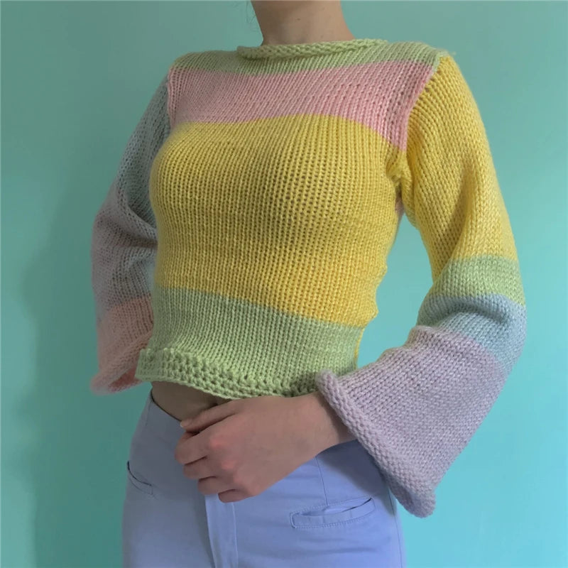 Rainbow Curled Sweater Women Fashion Flared Long Sleeve Loose Knitted Pullovers Fairy Harajuku Vintage Clothes Autumn