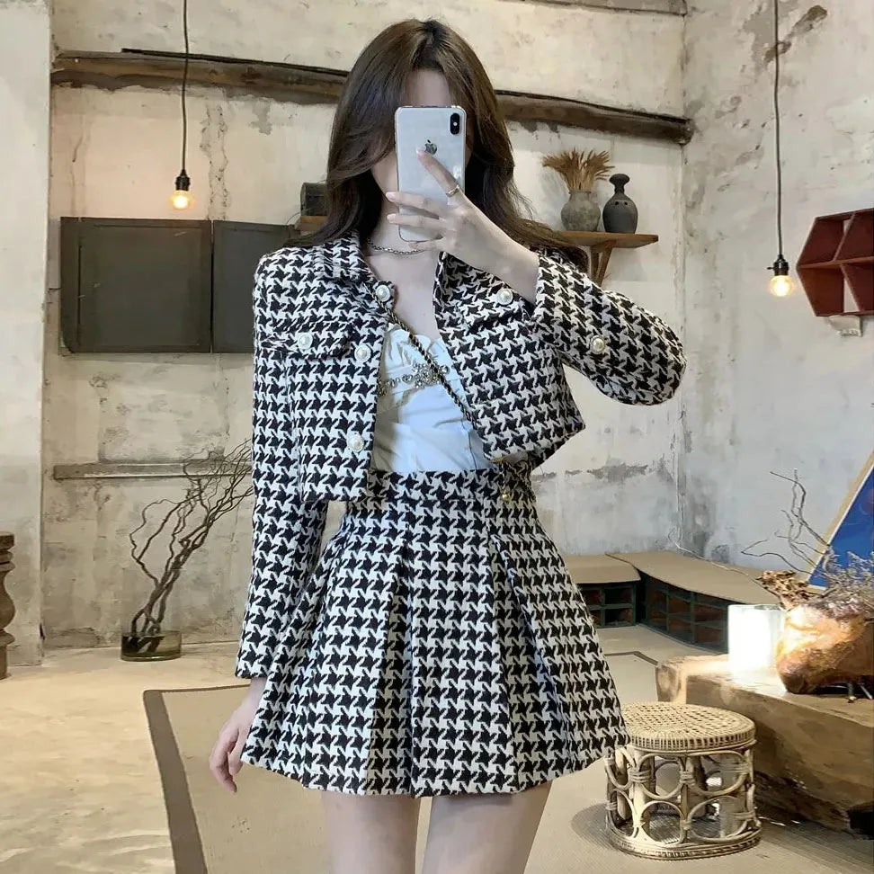 warmmeta -Small Fragrance Style Elegant Tweed 2 Piece Set Women Vintage Houndstooth Cropped Jacket + Pleated Mini Skirt Suits Sexy Outfits