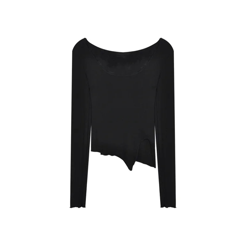 Long Sleeve T-shirts Women Fungus Line Irregular Hem Knitted Slender Autumn Bottoming Tees Chic Fashion Sexy Solid Ulzzang New